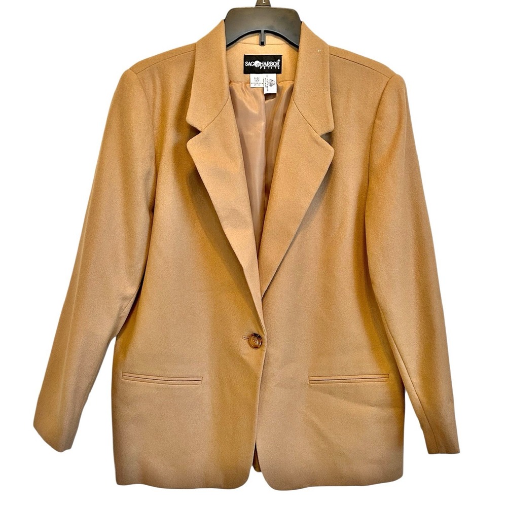 Vintage 90s Sag Harbor Wool Blazer 14P 14 Petite Tan Light Brown Jacket‎ Preppy - Picture 2 of 6